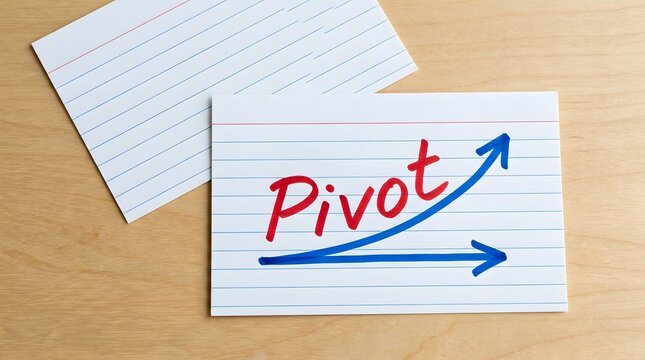 Pivot concept on a lined card with upward trend graph during business strategy change on a wooden desk