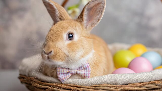 A cute brown bunny rabbit wearing a bowtie is surrounded by colorful Easter eggs in a basket. The perfect for spring and Easter festivities.