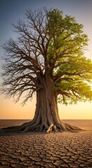 Naklejka premium Stark contrast: Half-dead dry tree against vibrant green foliage in arid desert landscape at sunset