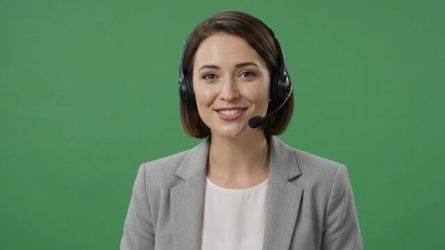 Support agent wearing headset speaking helpfully and typing occasionally on green screen.