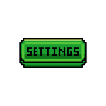 Green pixel art settings button with black text on white background. vector