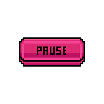 Pink pause button with black outline and text on white background vector