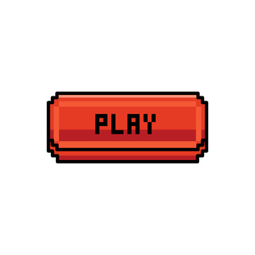 Pixel art orange play button with black text on white background vector