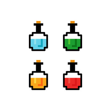 Colorful pixel art bottles filled with liquids in various hues on white background vector