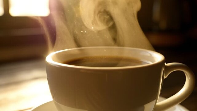 Steaming Cup of Hot Coffee in Warm Morning Sunlight