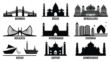 Fototapeta premium Indian city skyline landmark silhouette icon collection isolated on white background
