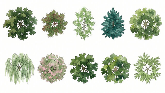 Top View Public Park Tree Crown CAD Library with Varied Organic Canopy Structures, Landscape Architecture Presentation Symbols Vector