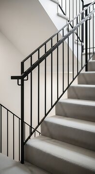 Modern Carpeted Staircase Rising Beside Black Metal Railing in Bright Interior