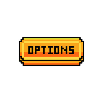 Pixel art orange button with the word OPTIONS in black on white background vector