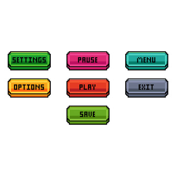 Colorful pixel art video game buttons for settings, pause, menu, options, play, exit, and save on white background vector
