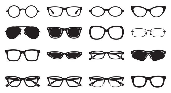Set of various eyeglass and sunglass silhouettes for fashion and optical design with cat eye, eyeglasses