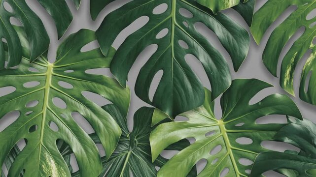 Seamless pattern of large green Monstera deliciosa leaves with natural holes and veins against a neutral gray background for tropical wallpaper or fabric design.