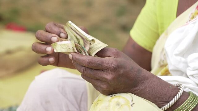 Rural Indian Woman Counting Money After Selling Vegetables in Chhattisgarh.