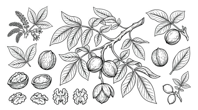 Vintage walnut botanical illustration set, hand drawn walnut branch with leaves and nuts, black and white line art vector collection for food packaging