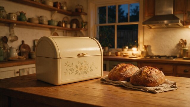 A closed cream-colored vintage metal bread box with a faded floral print sits on a wooden table beside two fresh sourdough bread loaves at sunset.