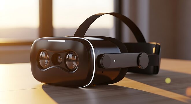 Black Virtual Reality Headset Resting on Wooden Table in Warm Sunlit Room