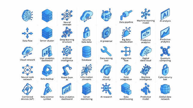 A collection of blue isometric icons representing various aspects of technology and data analysis, including artificial intelligence, machine learning, big data, and cloud computing