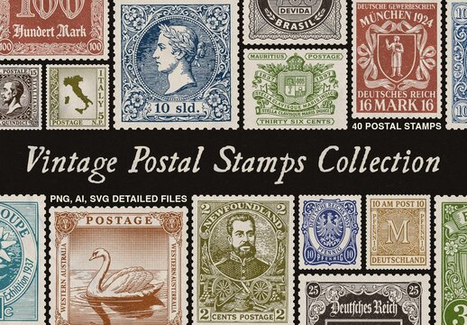 Vintage Postage Stamps Collection For Design And Branding