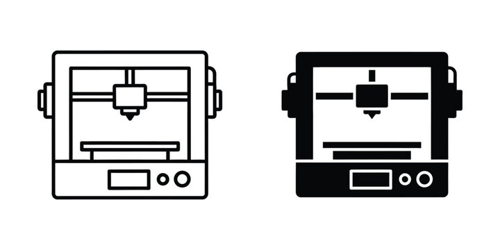 3D printer in line drawing and solid icon styles on white background with copy space for concept