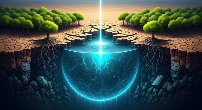 Surreal landscape of cracked dry earth leading to a glowing blue energy source in water