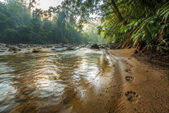 Pristine tropical rainforest river flowing through lush jungle, untouched wilderness landscape and rich wildlife habitat