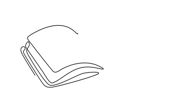 Animated self drawing of continuous line draw of  open book with flying pages. Full length one line animation. 4K	

