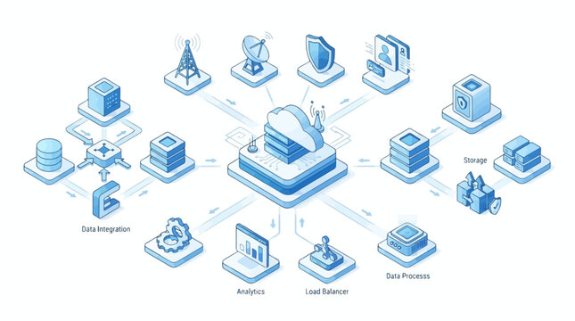 A cloud computing network diagram illustrating data integration, data processing, storage, and analytics. The diagram features isometric icons representing servers, databases, security shields.