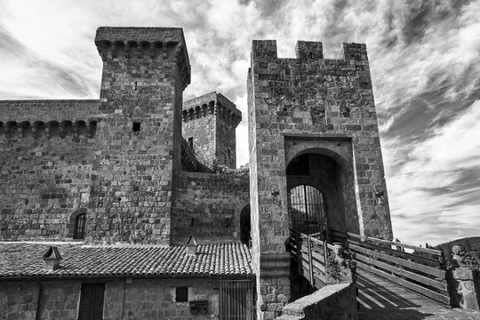 medieval bridge, gate and stone towers in the town of Bolsena