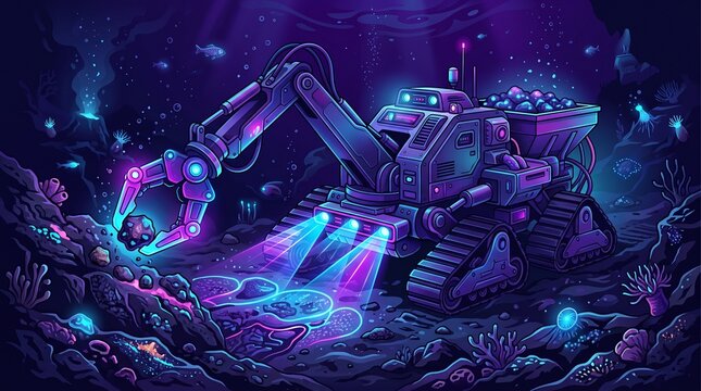 Futuristic deep sea mining robot, underwater excavator with glowing neon lights, robotic heavy machinery extracting minerals on the ocean floor