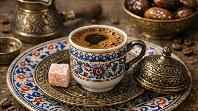 Ornate coffee cup and saucer with sugar cube on intricately designed plate.