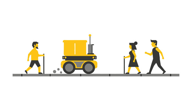 Autonomous Delivery Robot Moving on Urban Sidewalk with Pedestrians, Flat Vector Illustration of Future Last-Mile Logistics and Smart City Technology