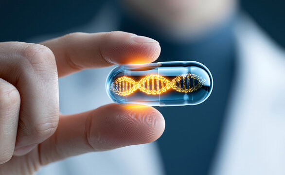 Hand holding transparent capsule with golden DNA double helix inside