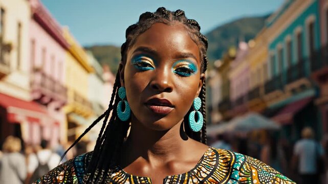 Portrait of a young Black woman with cornrow braids and vibrant blue eye makeup wearing traditional African patterned clothing on a colorful urban street with mountains behind.