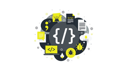 Fototapeta premium Software Development and Web Programming Concept Illustration Featuring Code Icons, Debugging, Scripting, and Cloud Computing Elements