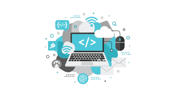 Web Development and Software Programming Flat Design Illustration with Laptop and Digital Technology Icons