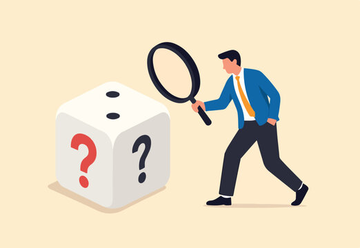 Random or chance to win, gamble, risk management or analyze opportunity, prediction or forecast future,businessman with magnifying glass analyze dice with question mark