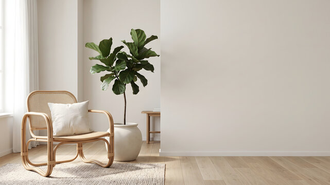 明るく開放的な白い部屋に置かれたラタンチェアと大きな観葉植物