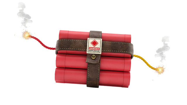 Realistic red dynamite sticks with lit fuses and a danger warning label strapped together securely for a destructive demolition project isolated on transparent background