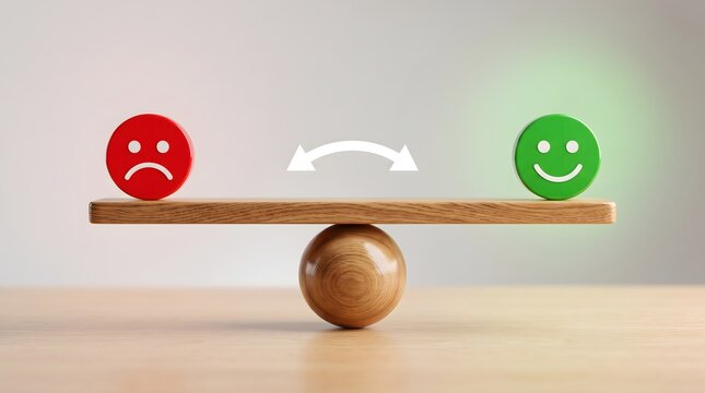 Red Sad Face and Green Happy Face Balancing on Wooden Seesaw with Sphere Base, Emotional Balance and Decision Making Concept