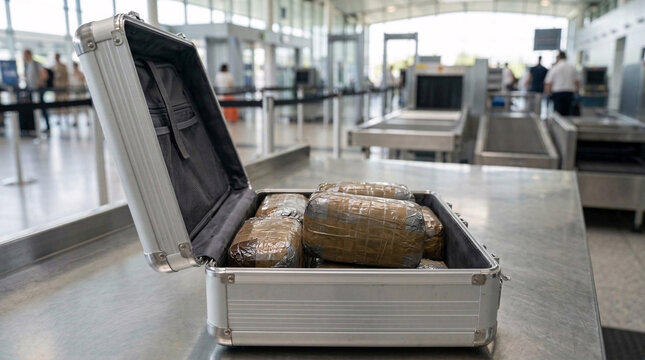 Confiscated illegal contraband packages wrapped in tape inside open aluminum suitcase at airport checkpoint