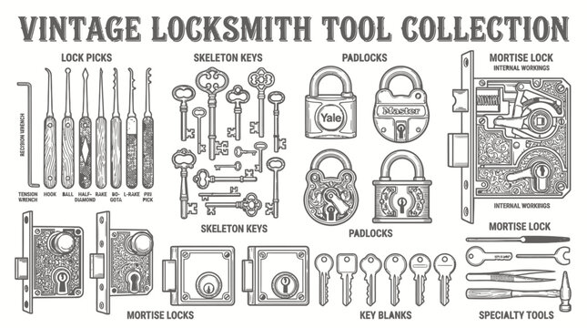 Vintage locksmith tool collection featuring various keys, padlocks, lock picks, and antique mortise lock mechanisms.
