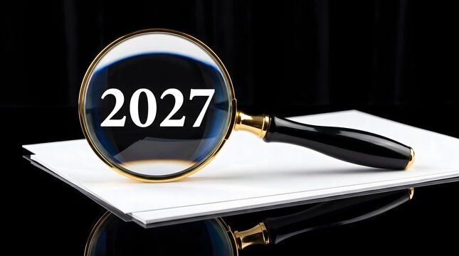 Golden Magnifying Glass Focusing On 2027 Text With Aged Paper On Dark Background
