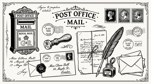 Vintage post office mail collection with envelopes stamps and quill pen illustration.