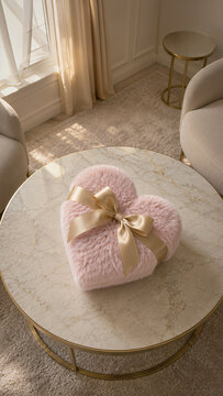 Luxury pink fluffy heart gift box with gold satin ribbon on marble coffee table in elegant living room.