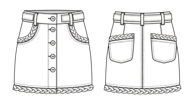 Button down denim skirt with braid hem fashion sketch