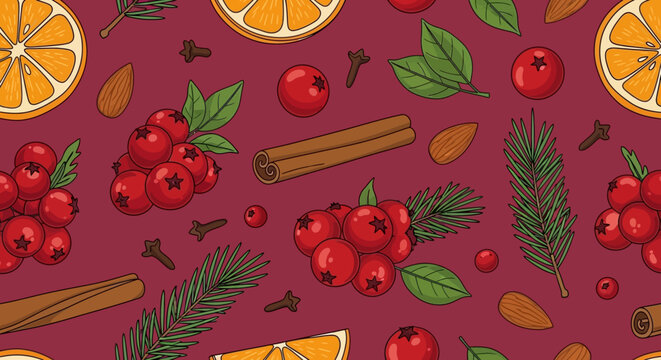 Seamless pattern with cinnamon cranberries and orange slices on red.