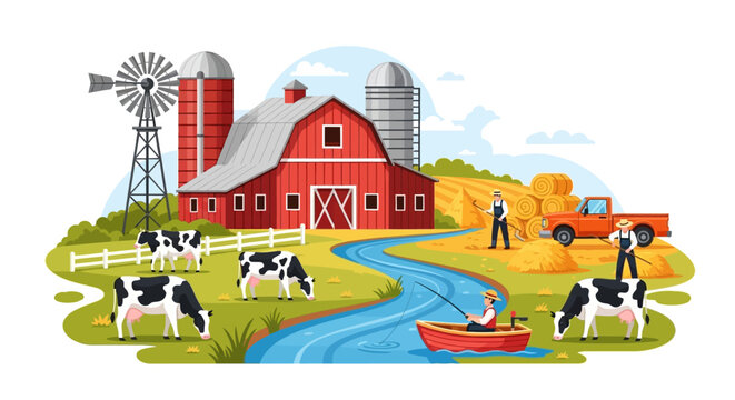Rural farm scenery with barn windmill and grazing livestock.