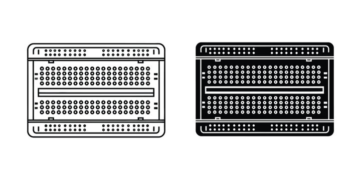 Electronic breadboard circuit prototyping tool in outline and filled styles on white background