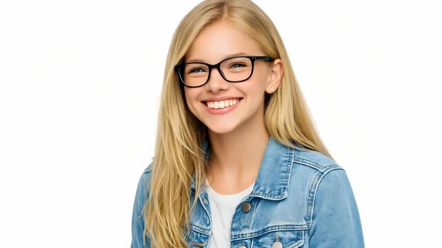 A cheerful young girl wearing glasses and a denim jacket smiles at the camera. She has long blonde hair and is outdoors on what appears to be a cloudy day.