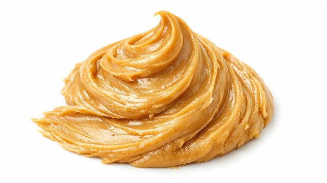 Close-up shot of smooth peanut butter on a white background.